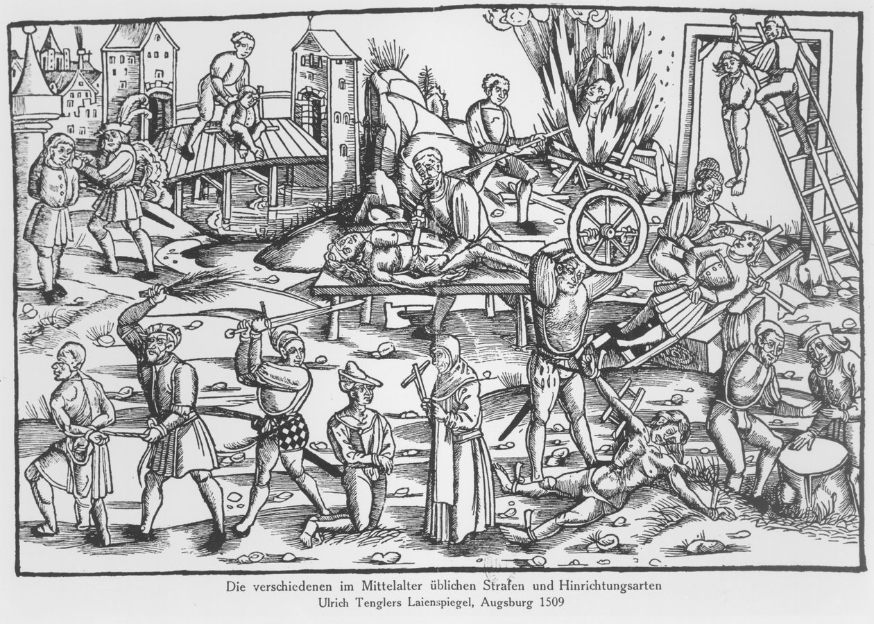 Zwykłe kary w Niemczech w średniowieczu, ilustracja z Laienspiegel autorstwa Ulricha Tenglera, wydana w Augsburgu 1509 autorstwa German School