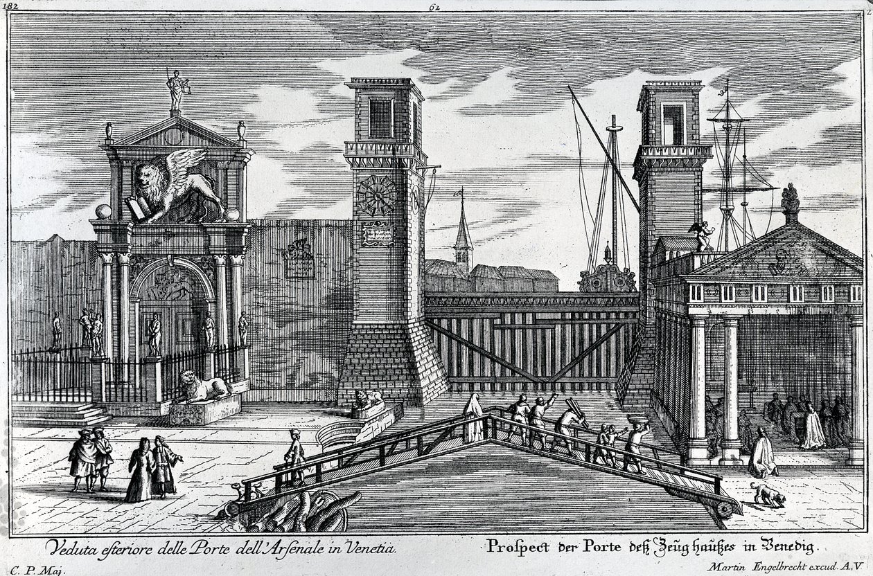 Widok bram przy wejściu do Arsenału w Wenecji, wyd. Martin Engelbrecht, ok. 1740 autorstwa German School
