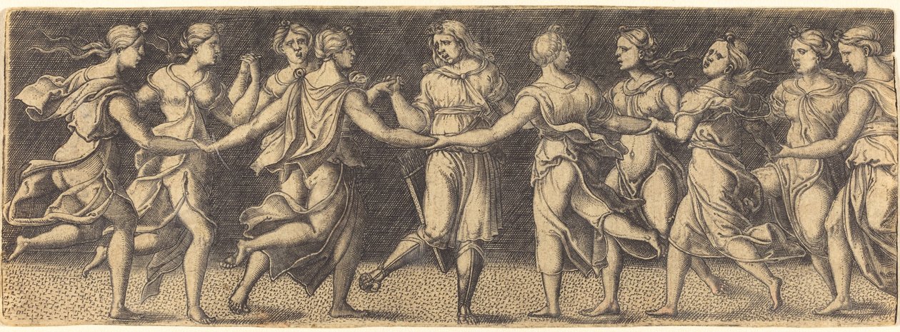 Apollo tańczy z dziewięcioma muzami autorstwa German 16th Century
