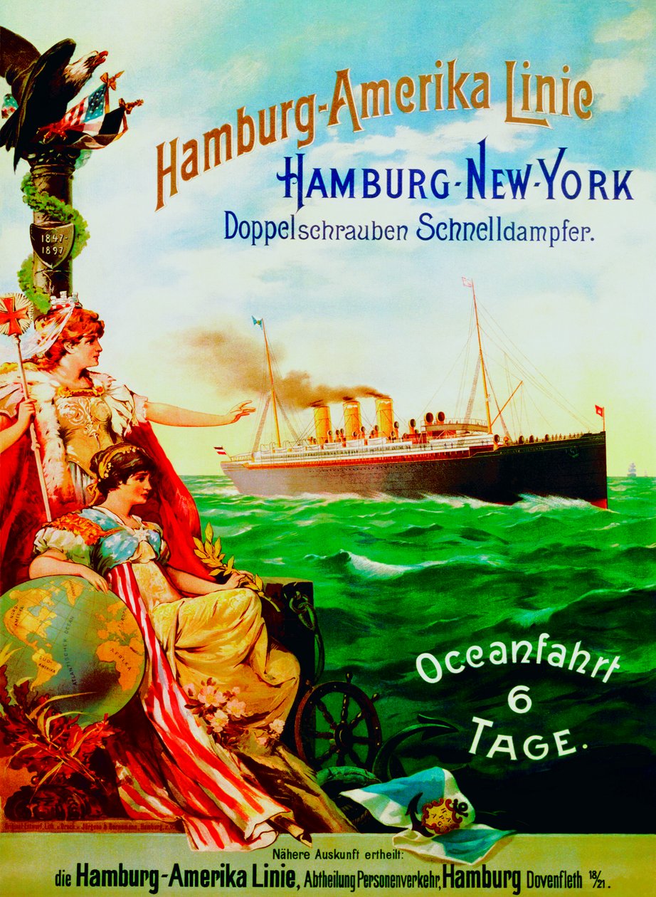 Plakat reklamujący linię Hamburg American Line, 1897 autorstwa German School