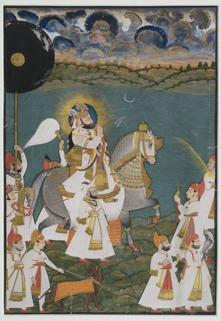 Portret Maharany Bhima Singha z Udaipur (1778-1828) na koniu w towarzystwie sług, 1820 (gwasz na papierze, pokryty złotem) autorstwa Ghasi Ghasi