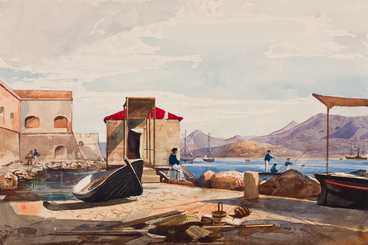 Port w Gaecie, z dopiskami księżnej Marii Annunziata di Borbone (1843-1871) (ołówek, wc i gwasz na papierze) autorstwa Giacinto Gigante