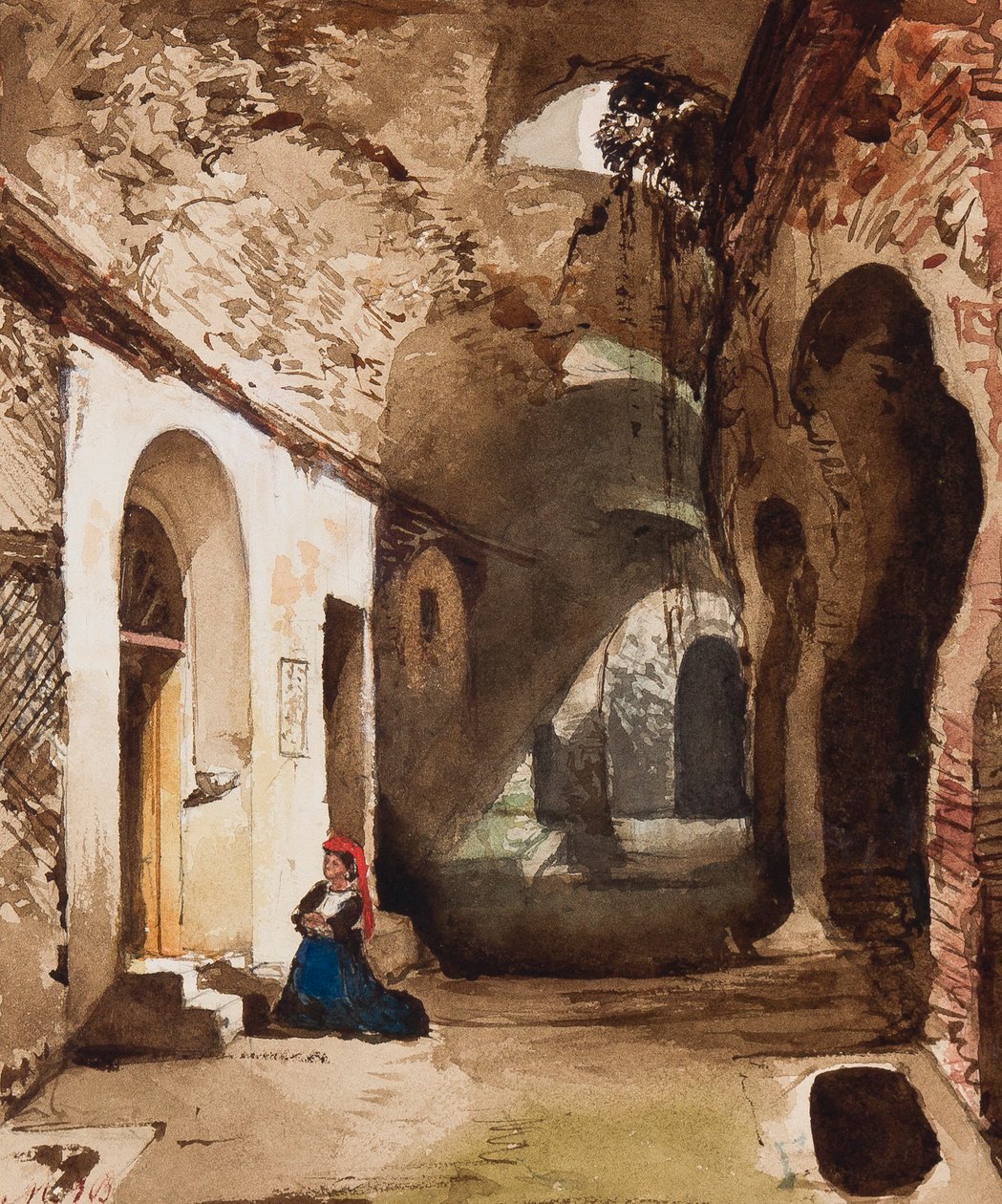 Kobieta modląca się przy sklepionej kapliczce w amfiteatrze w Pozzuoli, z uzupełnieniami księżnej Marii Annunziata di Borbone (1843-1871) (ołówek, wc i gwasz na papierze) autorstwa Giacinto Gigante