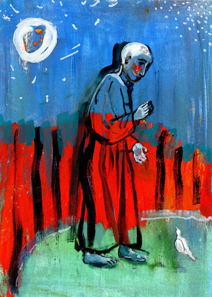 Karmienie ptaków. Według Giotta, 2015, (olej na papierze) autorstwa Gigi Sudbury