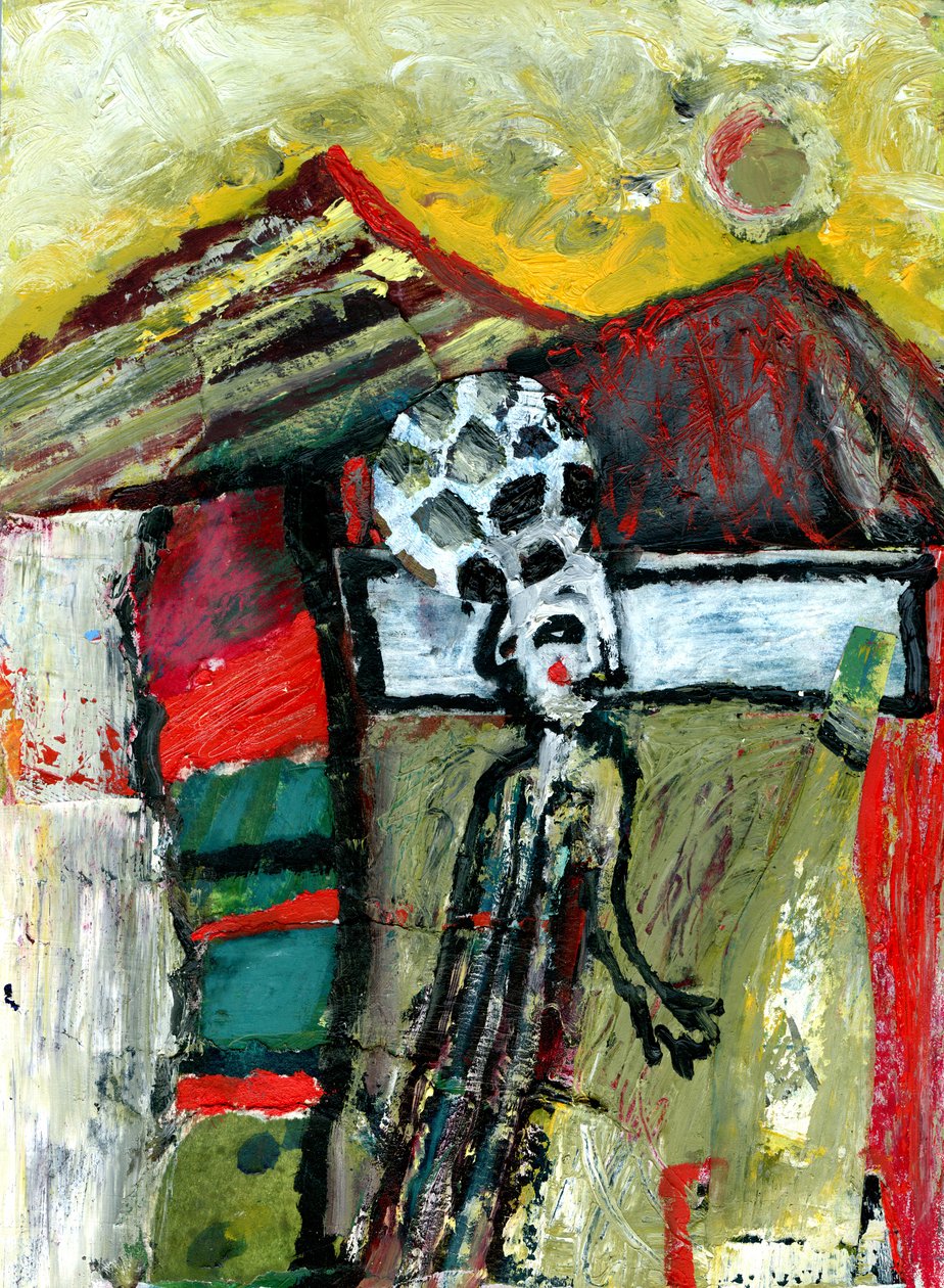 Piłka nożna w górach,2015, (mixed media na płycie gesso) autorstwa Gigi Sudbury