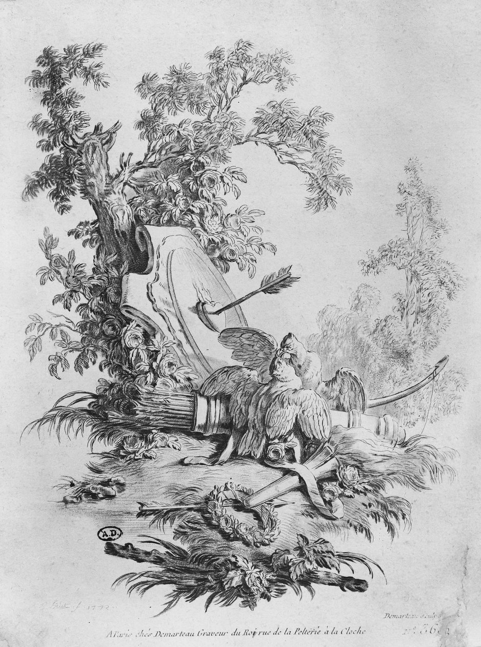 Dwa gołębie, ilustracja do „Fables de la Fontaine”, 1772 autorstwa Giles Demarteau