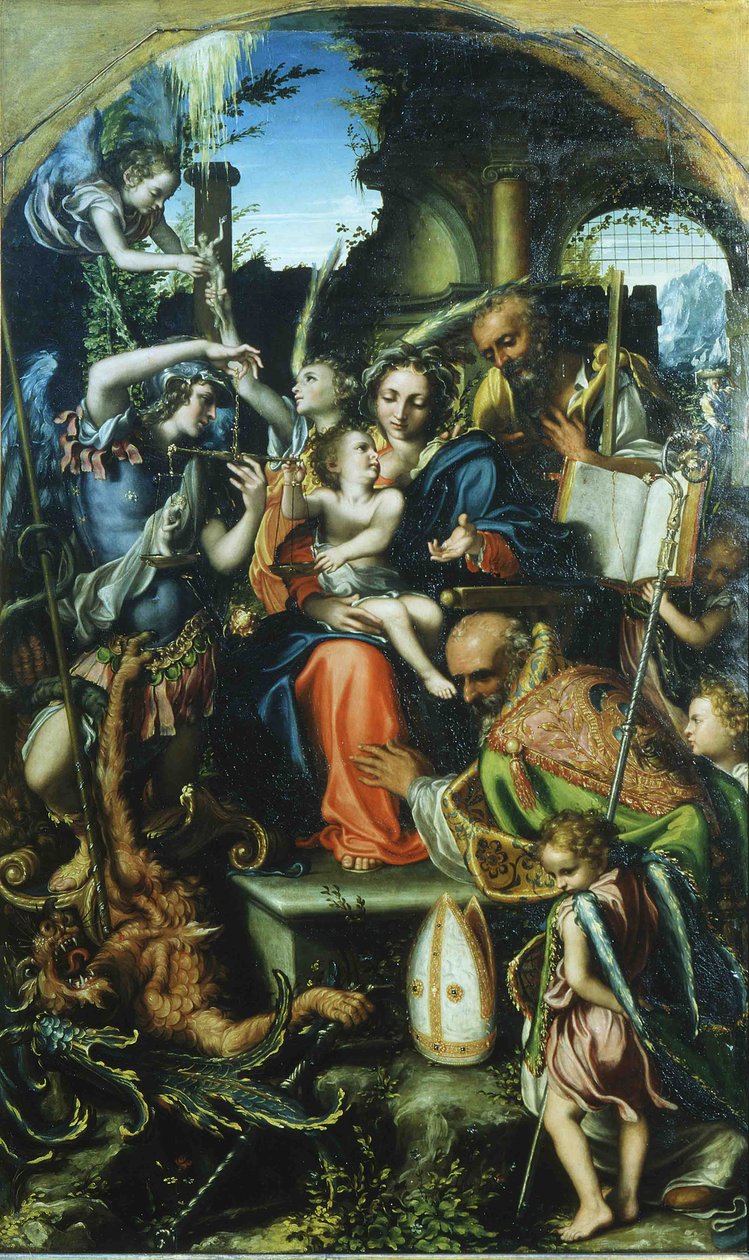 Święta Rodzina ze św. Michałem Archaniołem i diabłem kłócącym się o dusze autorstwa Giorgio Gandini