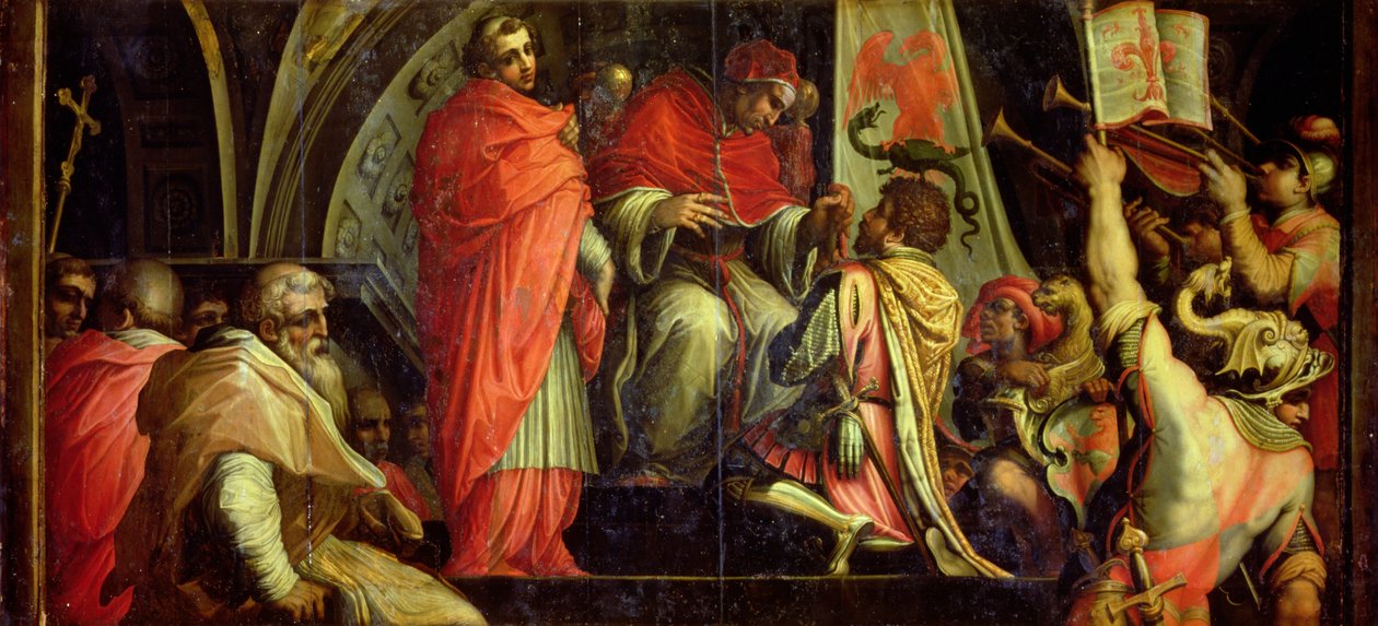 Klemens IV (1265-68) dostarczający broń przywódcom partii Guelph z sufitu Salone dei Cinquecento, 1565 (panel) autorstwa Giorgio Vasari