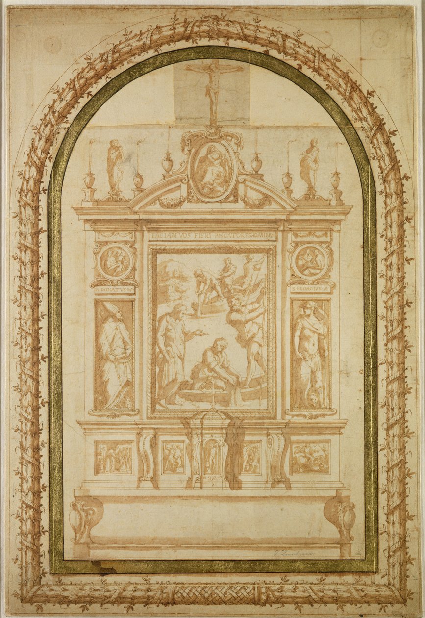 Rybołówstwo św. Piotra, studium do ołtarza rodziny Vasari w Arezzo, 1563 (pióro i tusz na papierze) autorstwa Giorgio Vasari