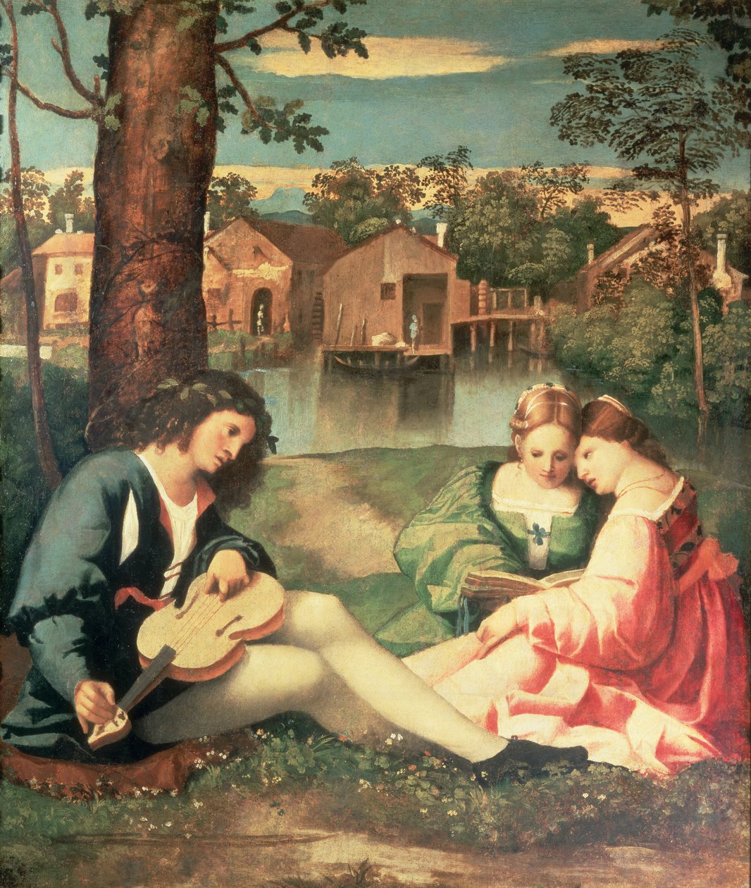 Młodzież z gitarą i dwiema dziewczynami siedzącymi na brzegu rzeki autorstwa Giorgione da Castelfranco