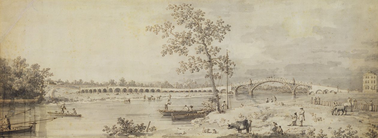 Old Walton Bridge widziany z Middlesex Shore, 1755 (pióro i atrament z praniem na papierze) autorstwa Giovanni Antonio Canal
