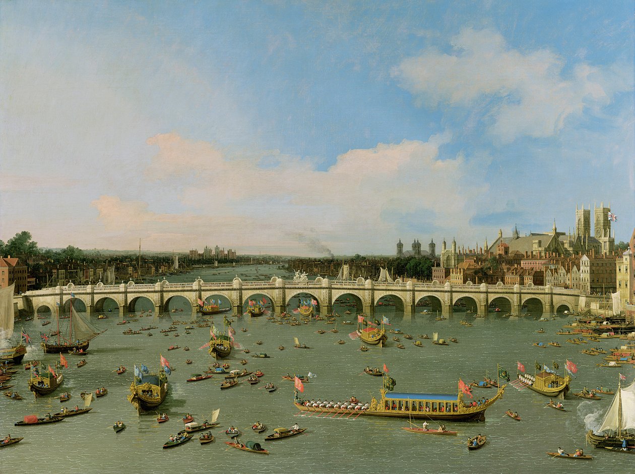 Westminster Bridge, Londyn, z procesją burmistrza nad Tamizą autorstwa Giovanni Antonio Canal