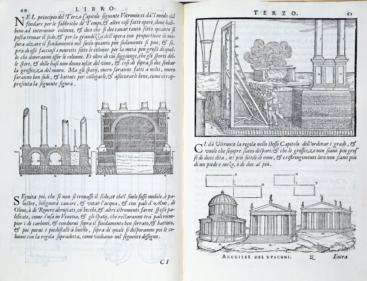 Kładzenie fundamentów, z „Della Architettura”, wyd. 1590 autorstwa Giovanni Antonio Rusconi