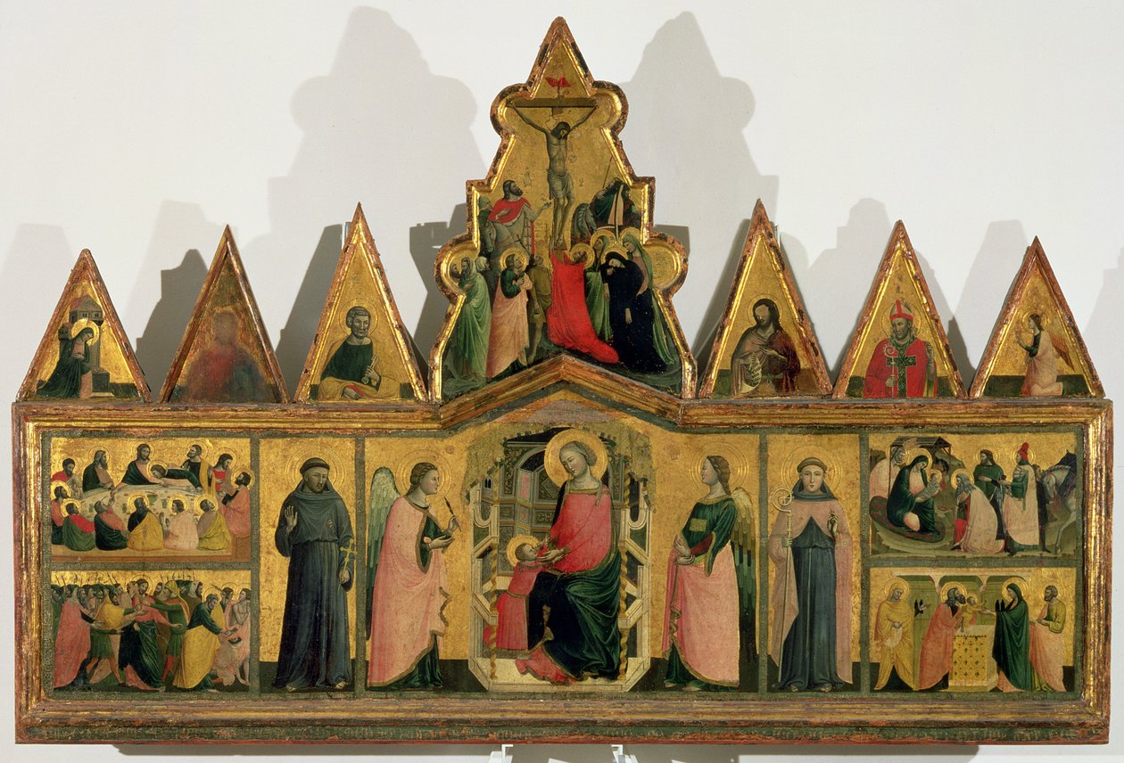 Poliptyk: płycina środkowa przedstawiająca Madonnę z Dzieciątkiem na tronie z aniołami i świętymi otoczona płycinami przedstawiającymi sceny z życia Chrystusa, trójkątne naczółki przedstawiające świętych, anioły autorstwa Giovanni Baronzio da Rimini