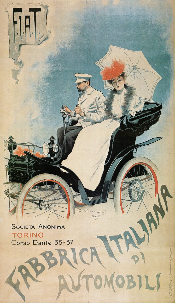 Plakat reklamujący wczesny samochód FIAT, 1899 autorstwa Giovanni Battista Carpanetto