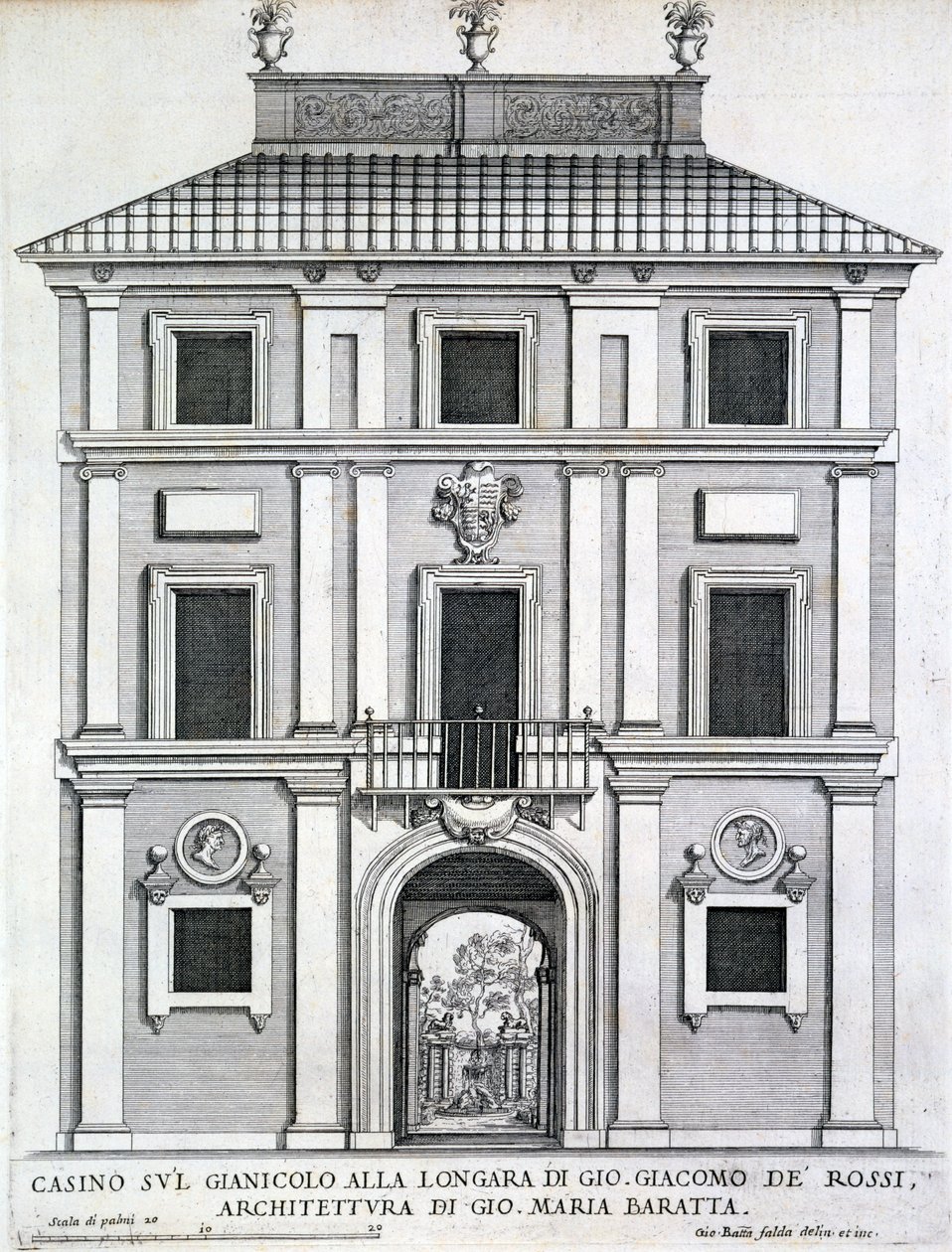 Kasyno ogrodowe należące do Giacomo de Rossi na Gianicolo alla Longara, z "Palazzi di Roma", opublikowane ok. 1696-1702 r. autorstwa Giovanni Battista Falda