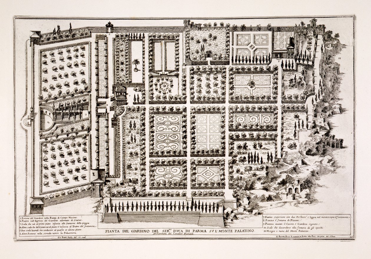 Ogród księcia Parmy na Palatynie w Rzymie, z „Il Nuovo Teatro della Fabriche et Buildings in Perspective of Modern Rome”, opublikowany ok. 1665-69 (zob. także 171686) autorstwa Giovanni Battista Falda