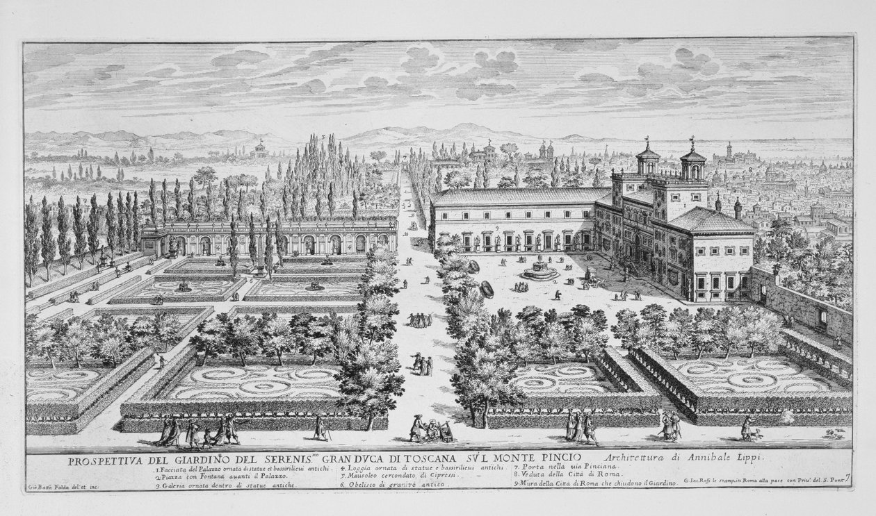 Ogród Wielkiego Księcia Toskanii na Monte Pincio w Rzymie, z „Il Nuovo Teatro della Fabriche et Buildings in Perspective of Modern Rome”, opublikowany ok. 1665-69 (zob. także 171622) autorstwa Giovanni Battista Falda