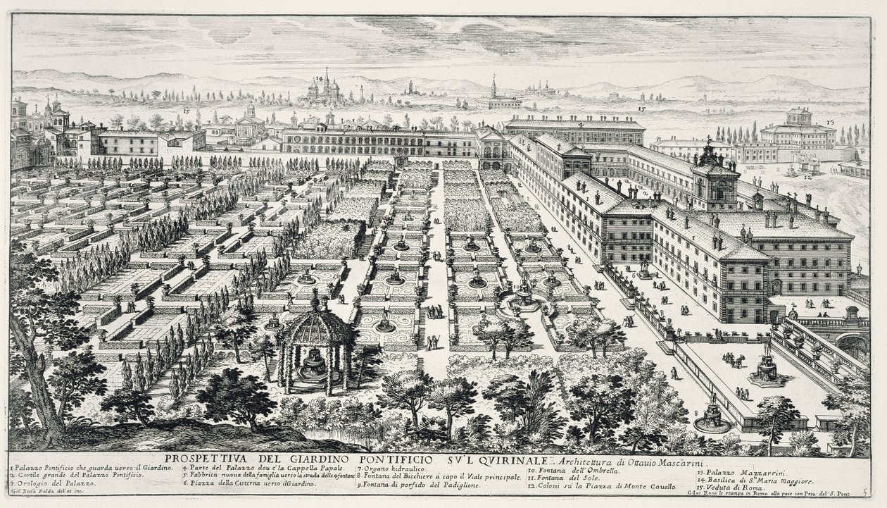 Ogrody Kwirynału, z "Li Giardini di Roma", opublikowane ok. 1683 r. (zob. także 172930) autorstwa Giovanni Battista Falda