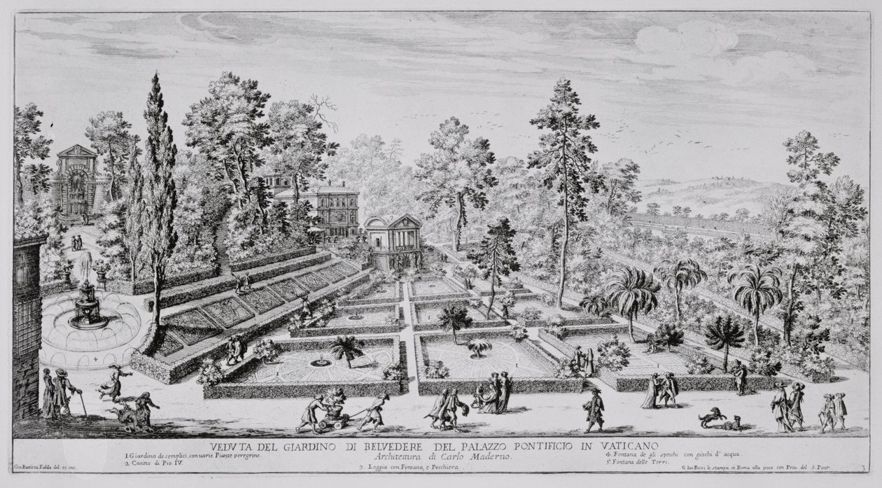 Ogród wypoczynkowy i pawilon papieża Piusa IV (1499-1565) w Pałacu Watykańskim, z "Il Nuovo Teatro della Fabriche et Edifici in Prospettiva di Roma Moderna", opublikowanego ok. 1665-69 r. autorstwa Giovanni Battista Falda