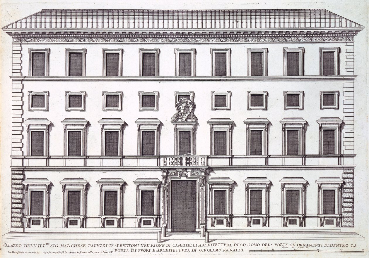 Widok fasady Palazzo Marchese, Rzym, zaprojektowany przez Giacomo della Porta (1538-1602) i Girolamo Rainaldi (1570-1655) autorstwa Giovanni Battista Falda