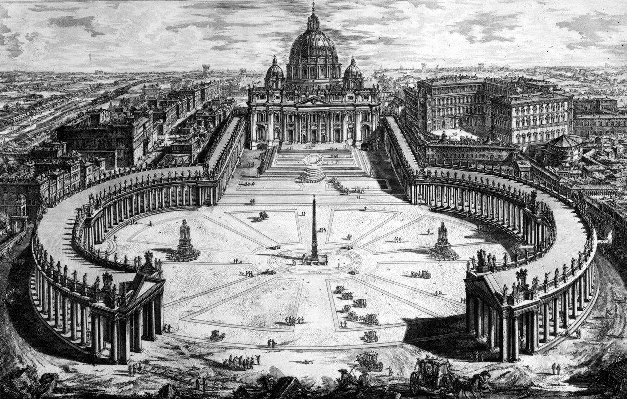 Widok z lotu ptaka na Bazylikę św. Piotra i Plac, z serii "Widoki Rzymu", ok. 1760 r. autorstwa Giovanni Battista Piranesi