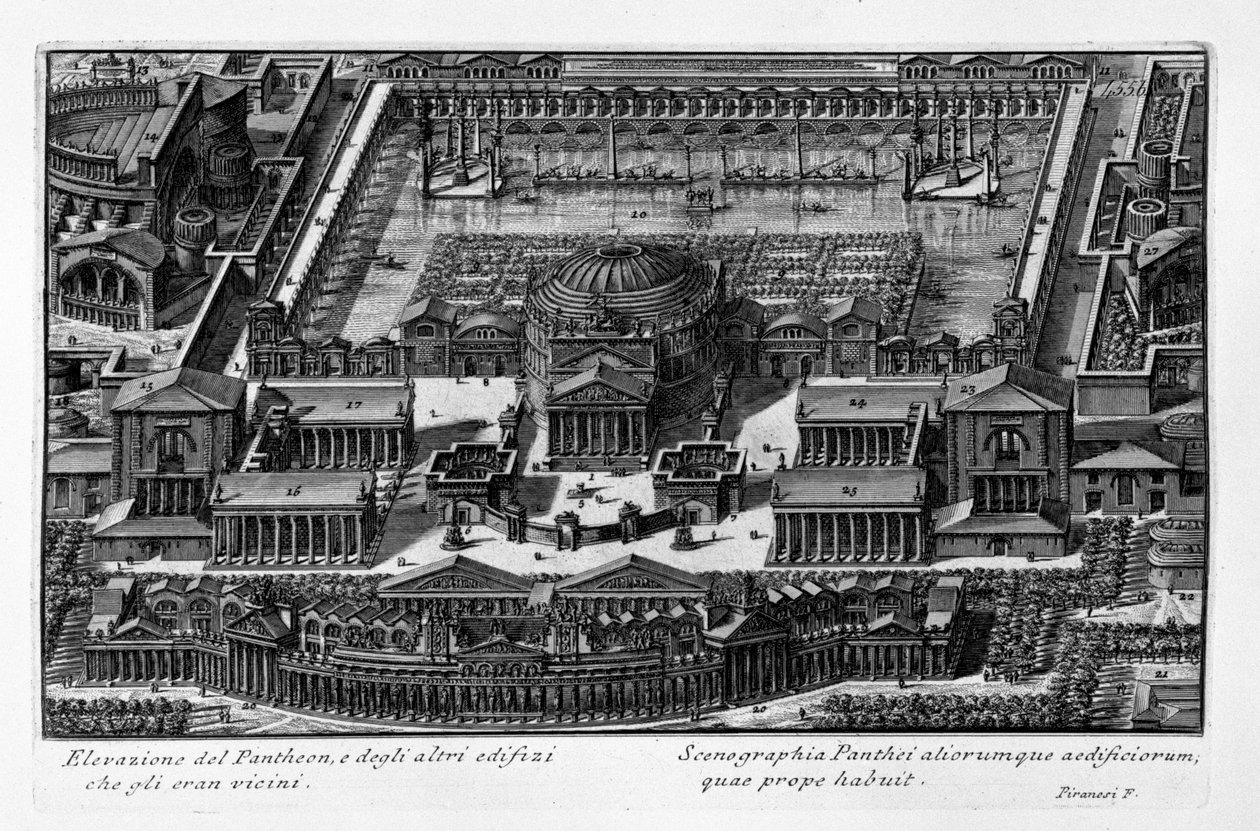 Elewacja Panteonu i innych budynków, które były w jego pobliżu. latynoski autorstwa Giovanni Battista Piranesi