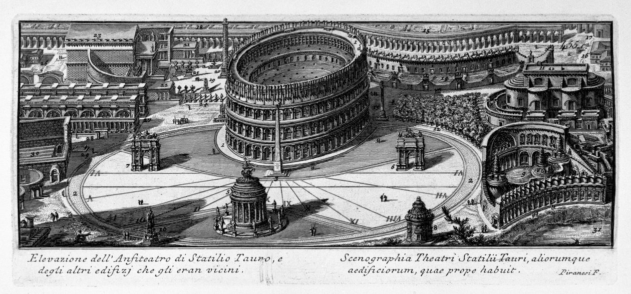 Elewacja amfiteatru Statilio Tauro i innych budynków znajdujących się w jego pobliżu. latynoski autorstwa Giovanni Battista Piranesi