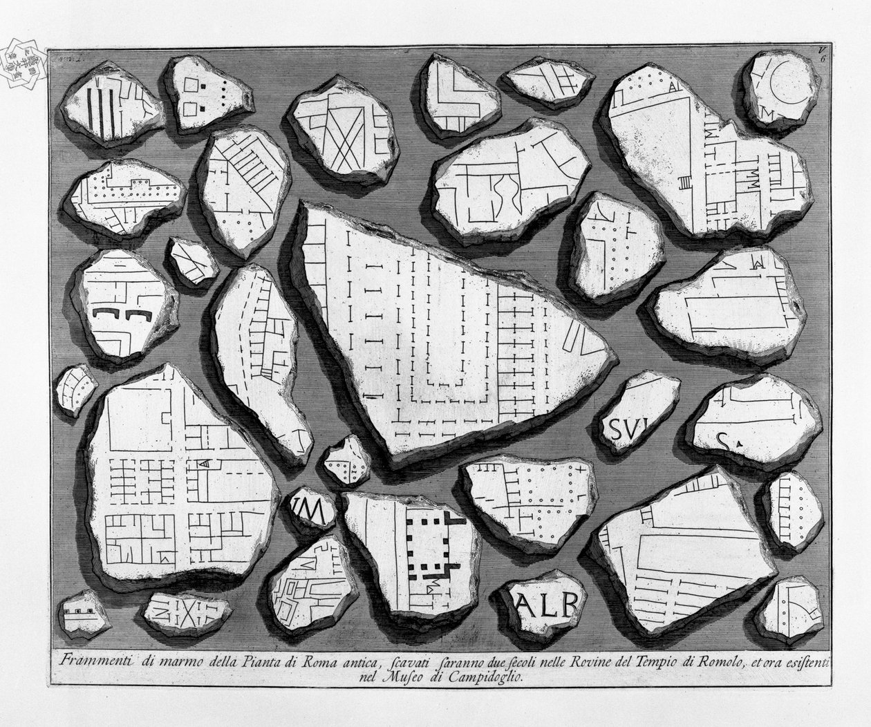 Marmurowe fragmenty planu starożytnego Rzymu autorstwa Giovanni Battista Piranesi
