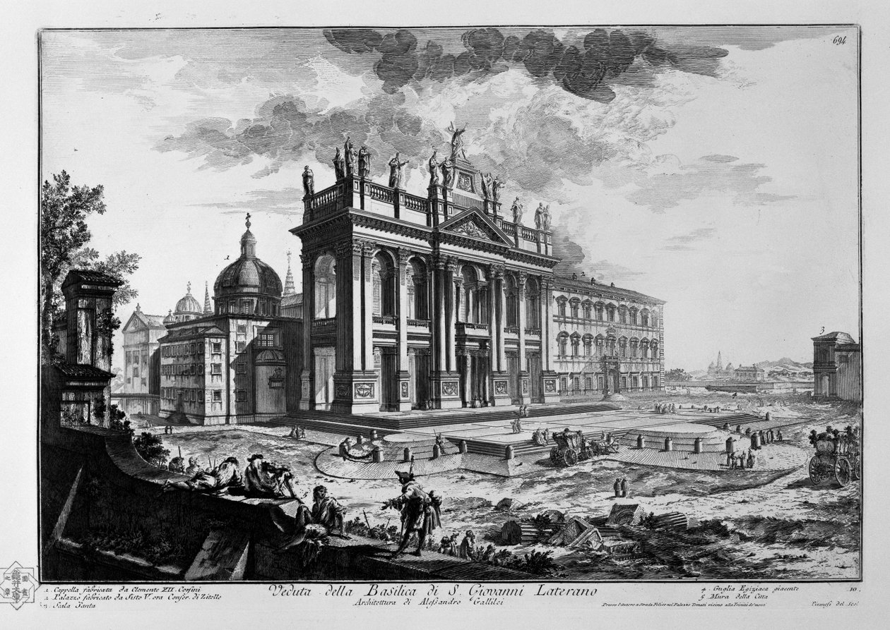 Widok Bazyliki S. Giovanni Laterano; architektura Alessandro Gallilei. 1. Kaplica zbudowana przez Klemensa XII. Corsiniego. 2. Pałac zbudowany przez Sykstusa V. obecnie Conser. przez Zitelle. 3. Święte Schody. 4. Kłamstwo egipskiej iglicy. 5. Mury miejskie autorstwa Giovanni Battista Piranesi
