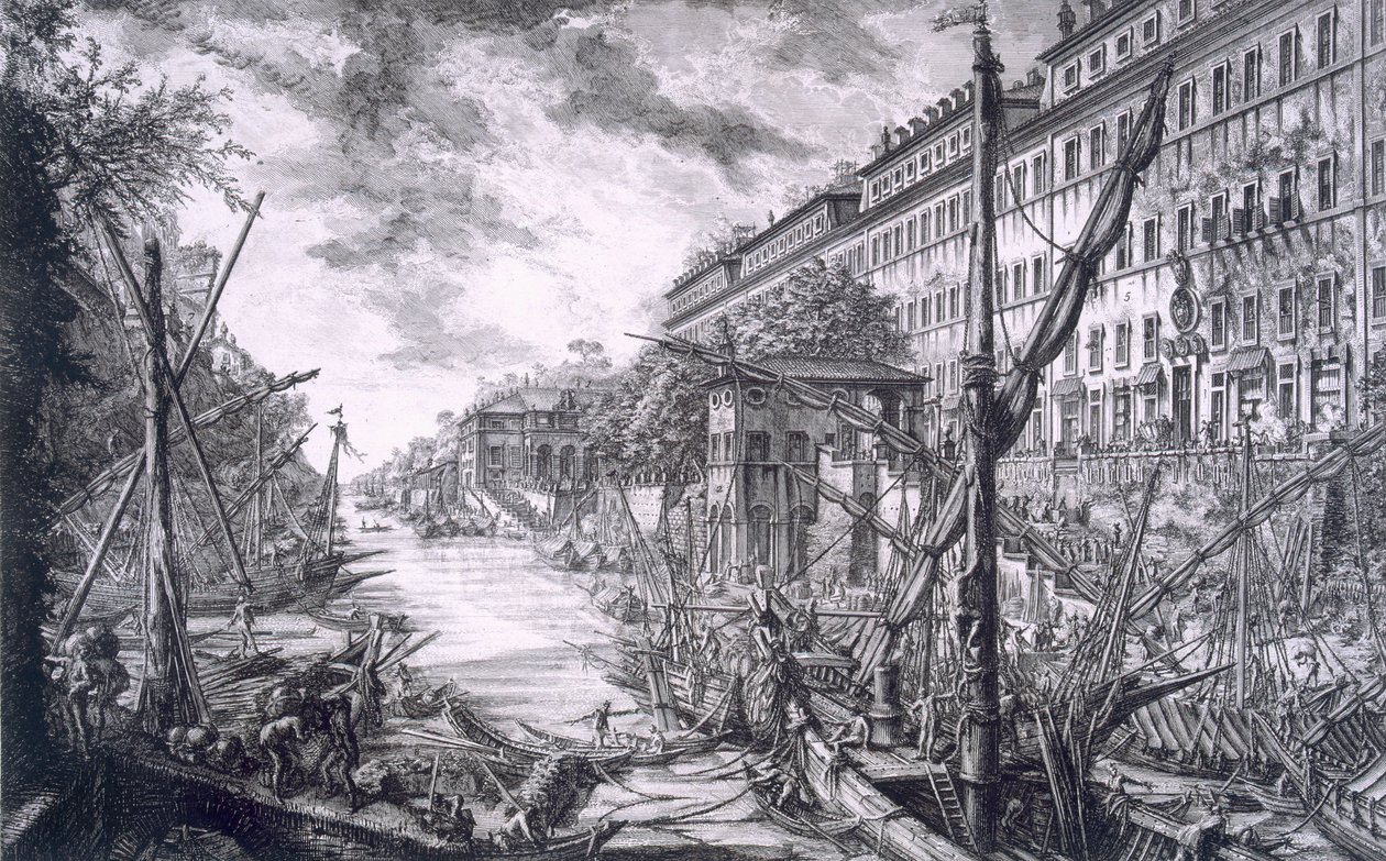 Widok portu Ripa Grande, z „Różne dzieła architektury, perspektywy, groteski, antyki”, wydana w 1743 r. autorstwa Giovanni Battista Piranesi