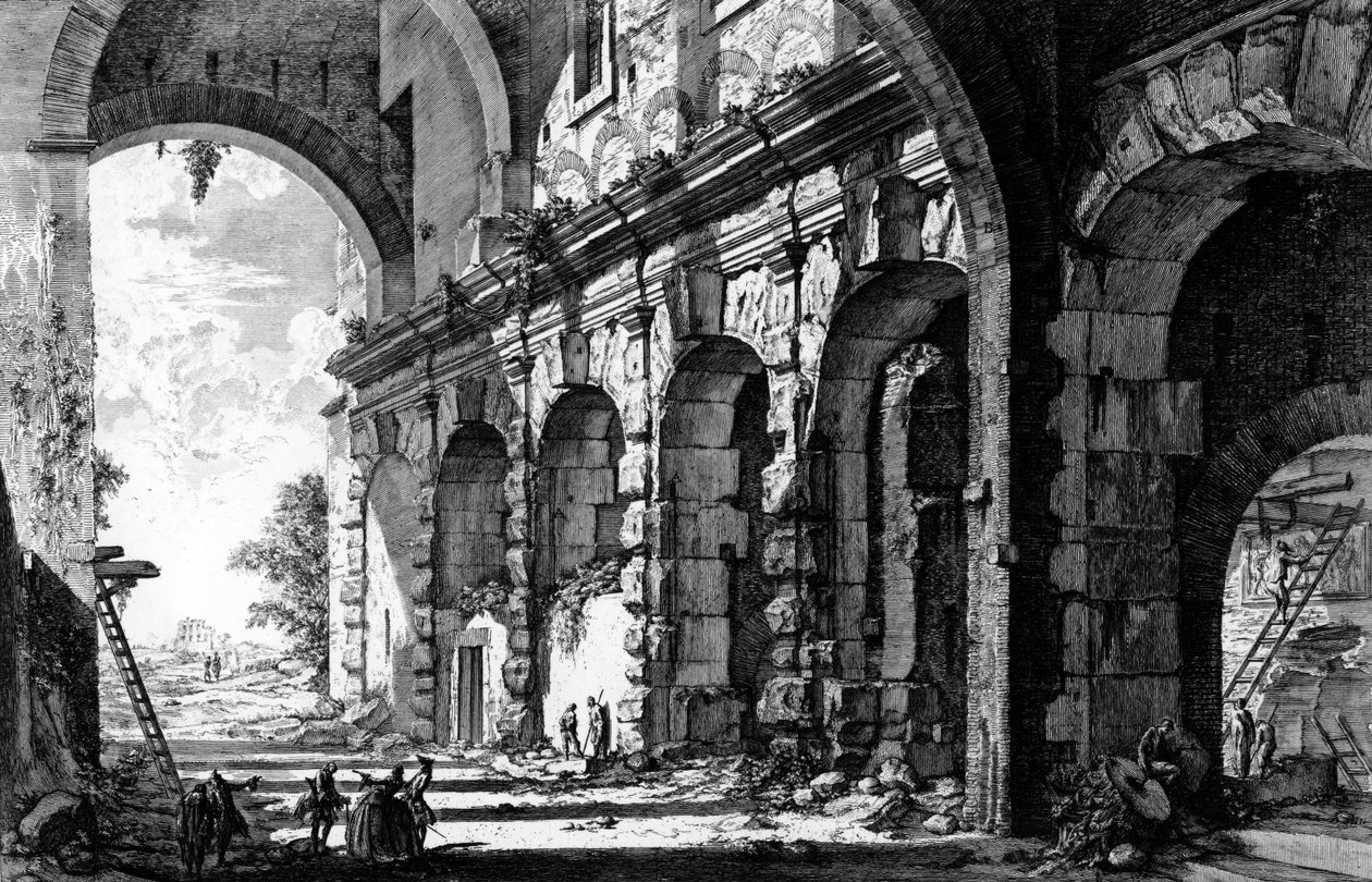 Widok szczątków świątyni Klaudiusza w pobliżu kościoła Santi Giovanni e Paolo, z serii „Widoki Rzymu”, ok. 1760 autorstwa Giovanni Battista Piranesi