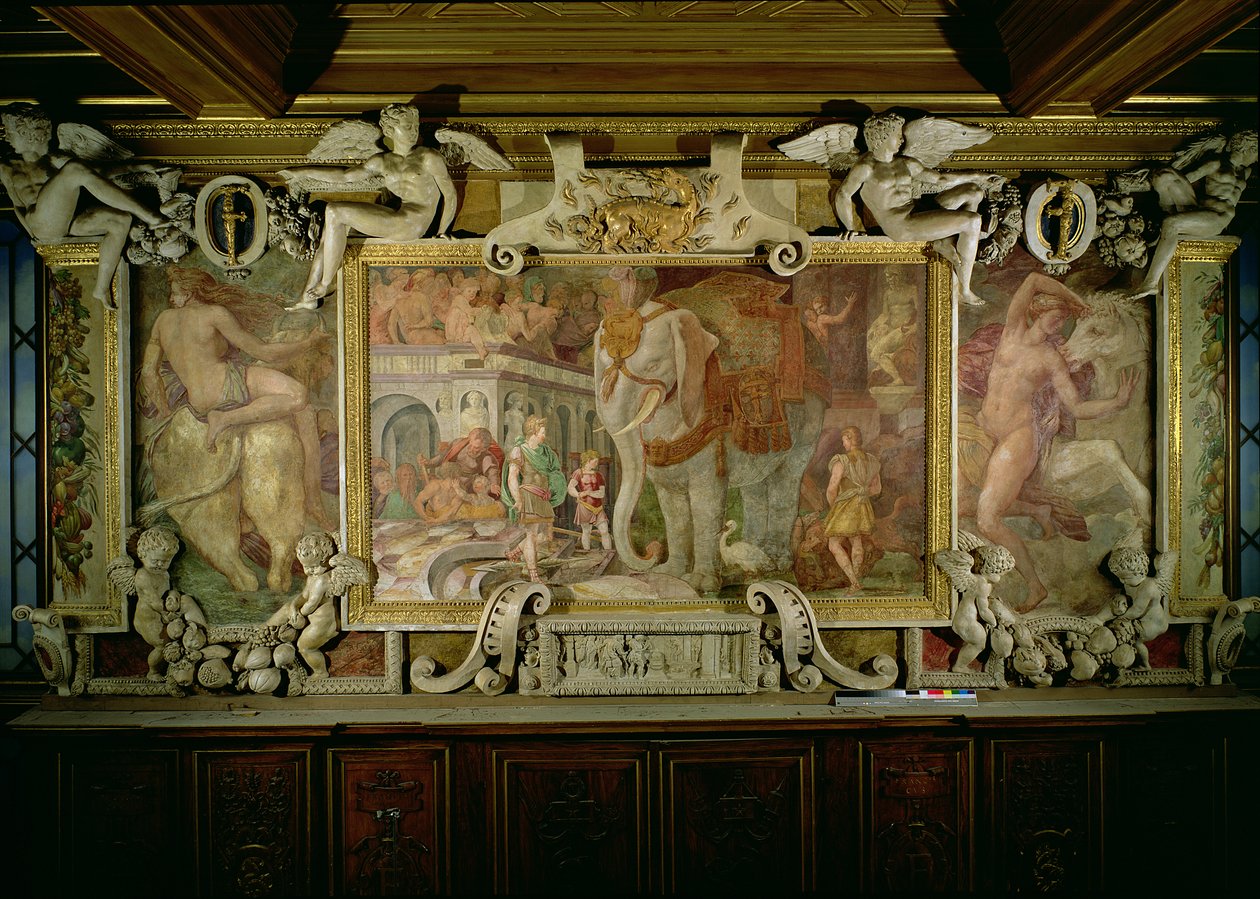 Słoń triumfalny, alegoryczny hołd dla Franciszka I, detal dekoracji w Galerii Franciszka I, fresk i sztukaterie z lat 1530-40 autorstwa Giovanni Battista Rosso Fiorentino
