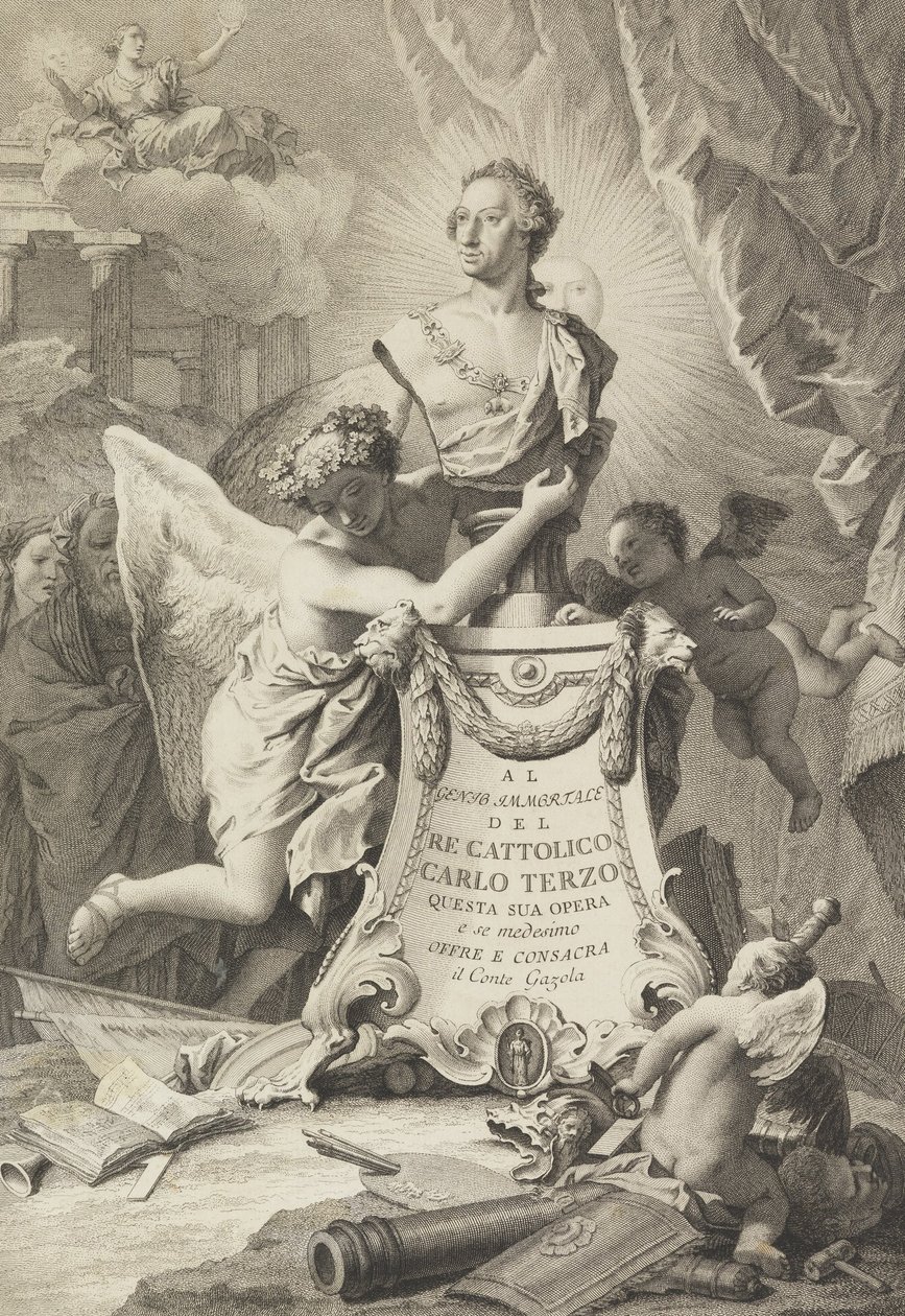 Strona poświęcona Karolowi III Hiszpanii i Obojgu Sycylii, frontyspis dla Paolantonio Paoli, Ro... autorstwa Giovanni Battista Tiepolo