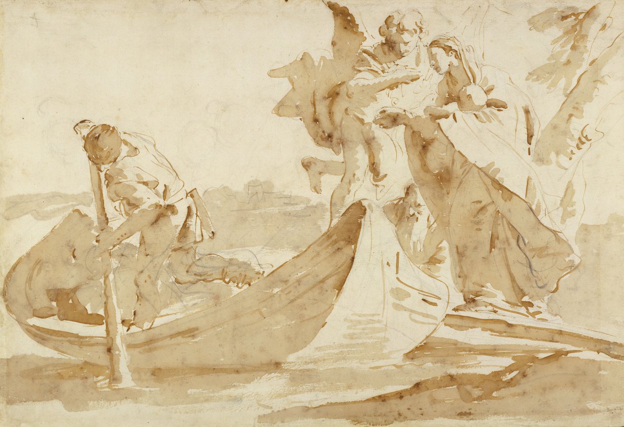 Ucieczka do Egiptu, 1725-35 (Pióro i brązowy tusz z brązowym rozmyciem na czarnej kredzie) autorstwa Giovanni Battista Tiepolo
