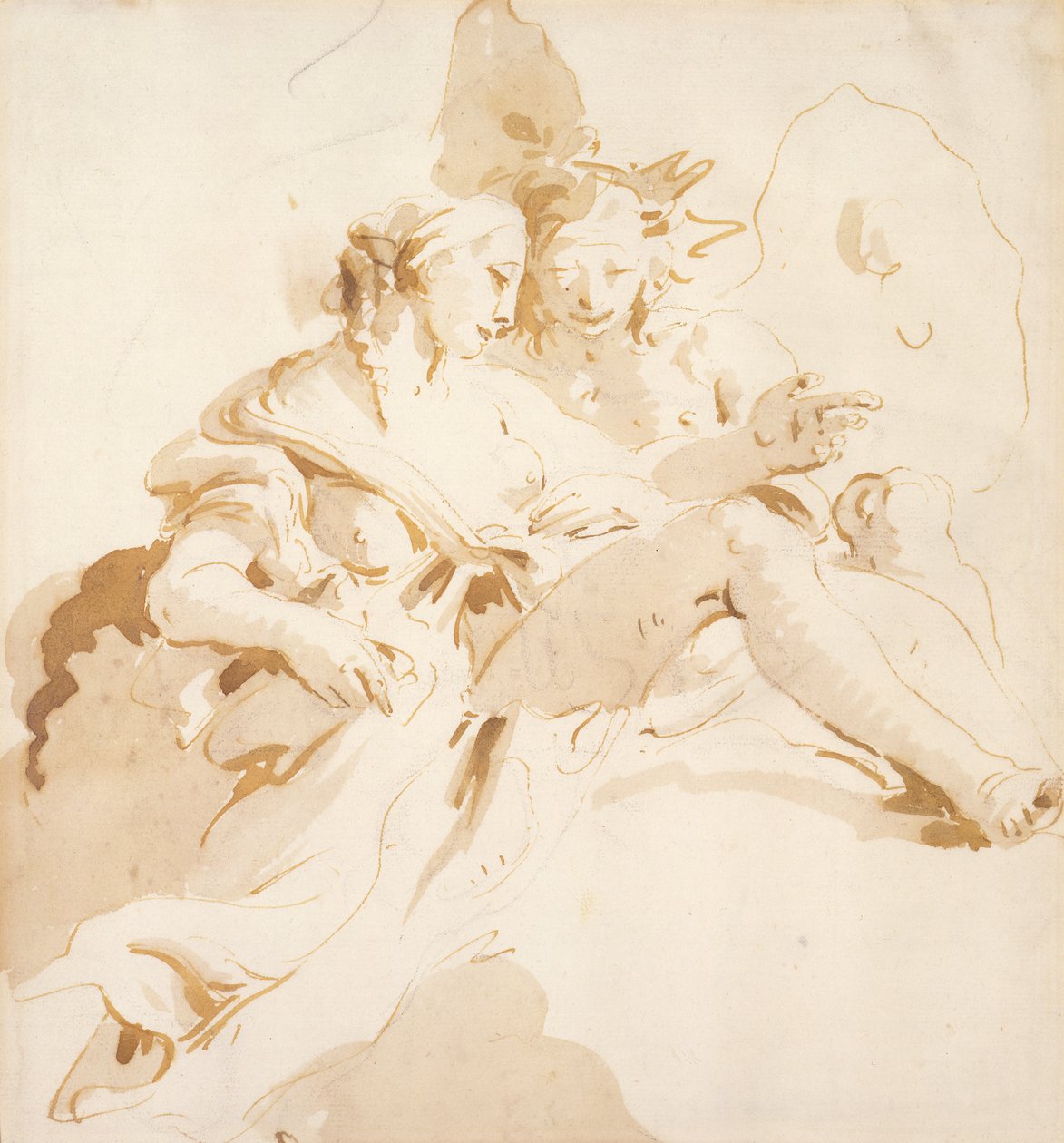 Zephyr and Flora (pióro i brązowy tusz, z brązowym washem, na czarnej kredzie, na papierze) autorstwa Giovanni Battista Tiepolo