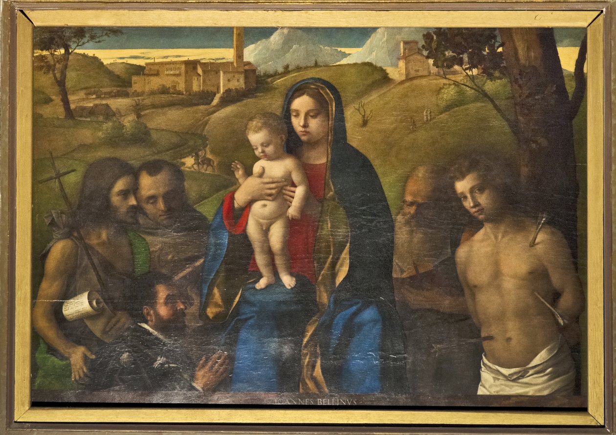 Madonna z Dzieciątkiem z Czterema Świętymi (Jan Chrzciciel, Franciszek, Hieronim i Sebastian (od lewej do prawej)) i Donator autorstwa Giovanni Bellini