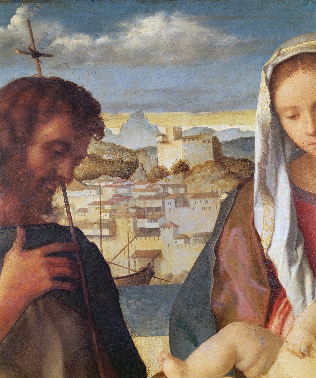 Madonna z Dzieciątkiem ze św. Janem Chrzcicielem i świętym, fragment nadbrzeżnego miasta w tle, ok.1504 (detal 61025) autorstwa Giovanni Bellini