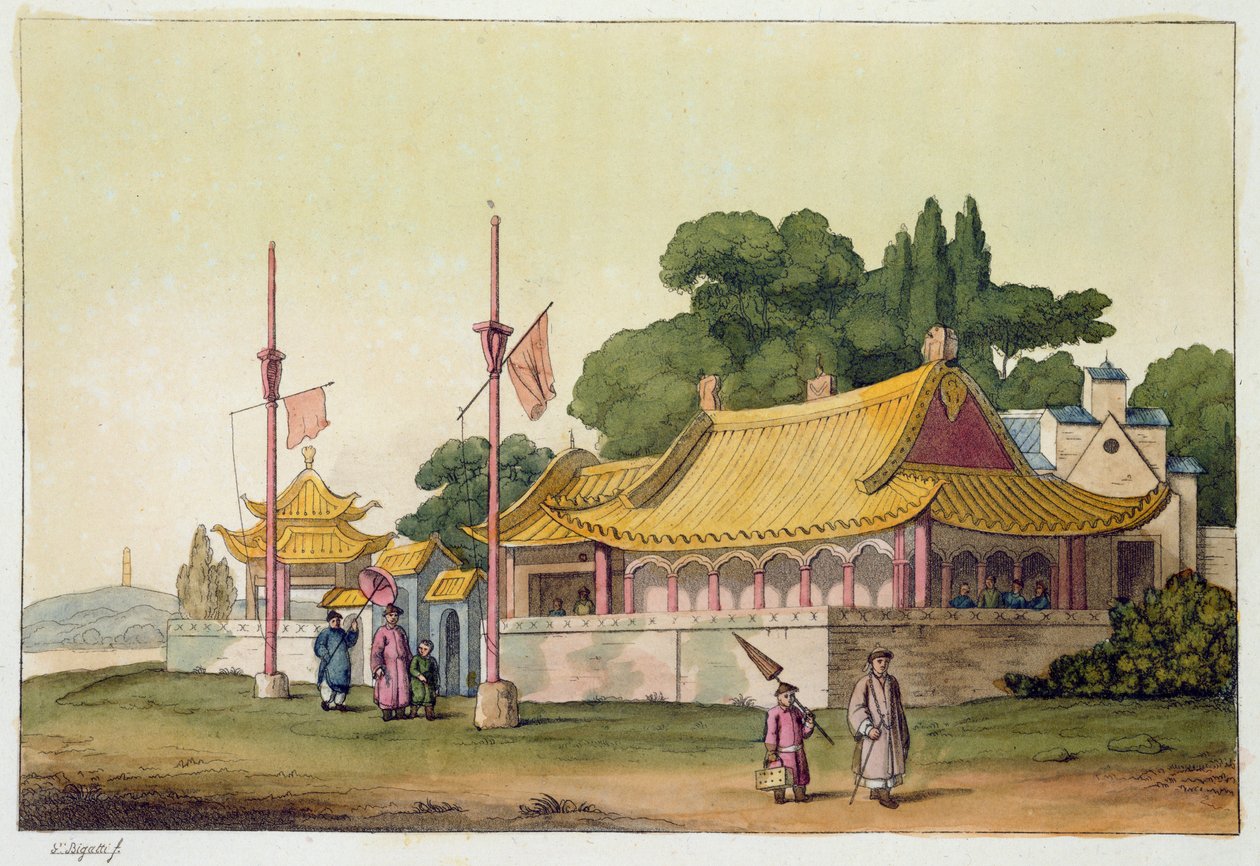 Pałac Cesarski, Tokio, tablica 54 z "Le Costume Ancien et Moderne" Jules Ferrario, opublikowana ok. 1820-30 lat. autorstwa Giovanni Bigatti