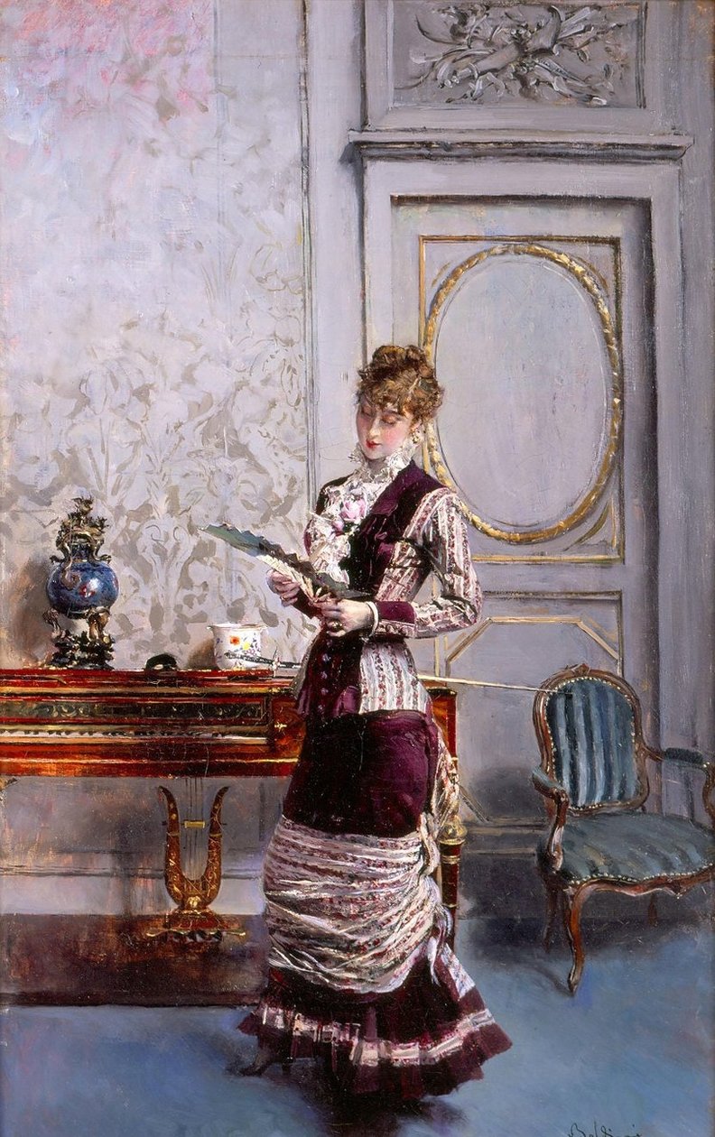 Lady Admiring a FannPolski: Berthe, patrzaca na wachlarznEspanol: Berthe che guarda un ventaglion autorstwa Giovanni Boldini