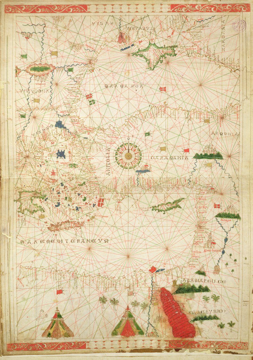 Wschodnia część Morza Śródziemnego, z atlasu morskiego, 1520 (atrament na welinie) (patrz także 330914) autorstwa Giovanni Xenodocus da Corfu