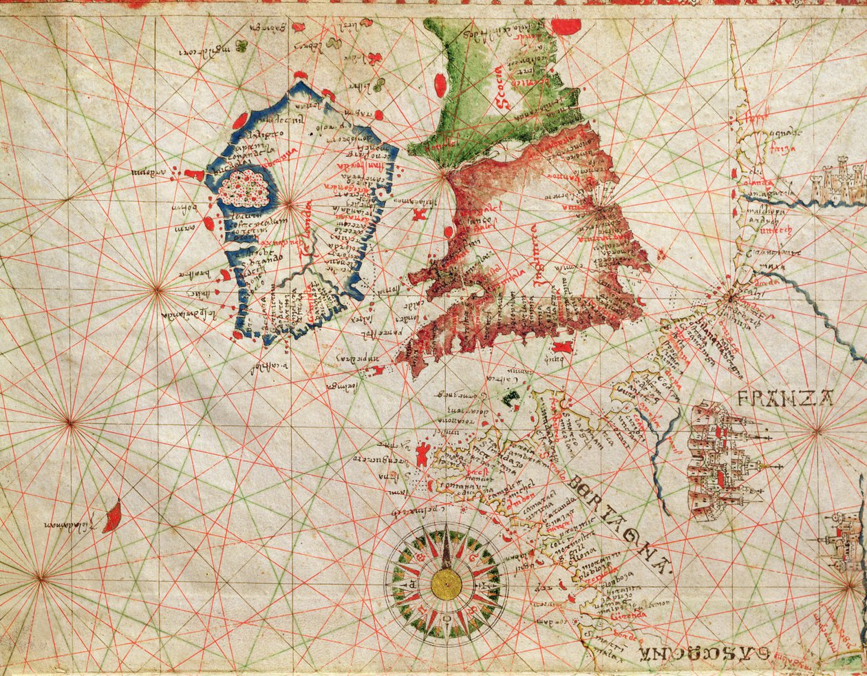 Wybrzeże francuskie, Anglia, Szkocja i Irlandia, z atlasu morskiego, 1520 (tusz na welinie) (szczegół z 330910) autorstwa Giovanni Xenodocus da Corfu