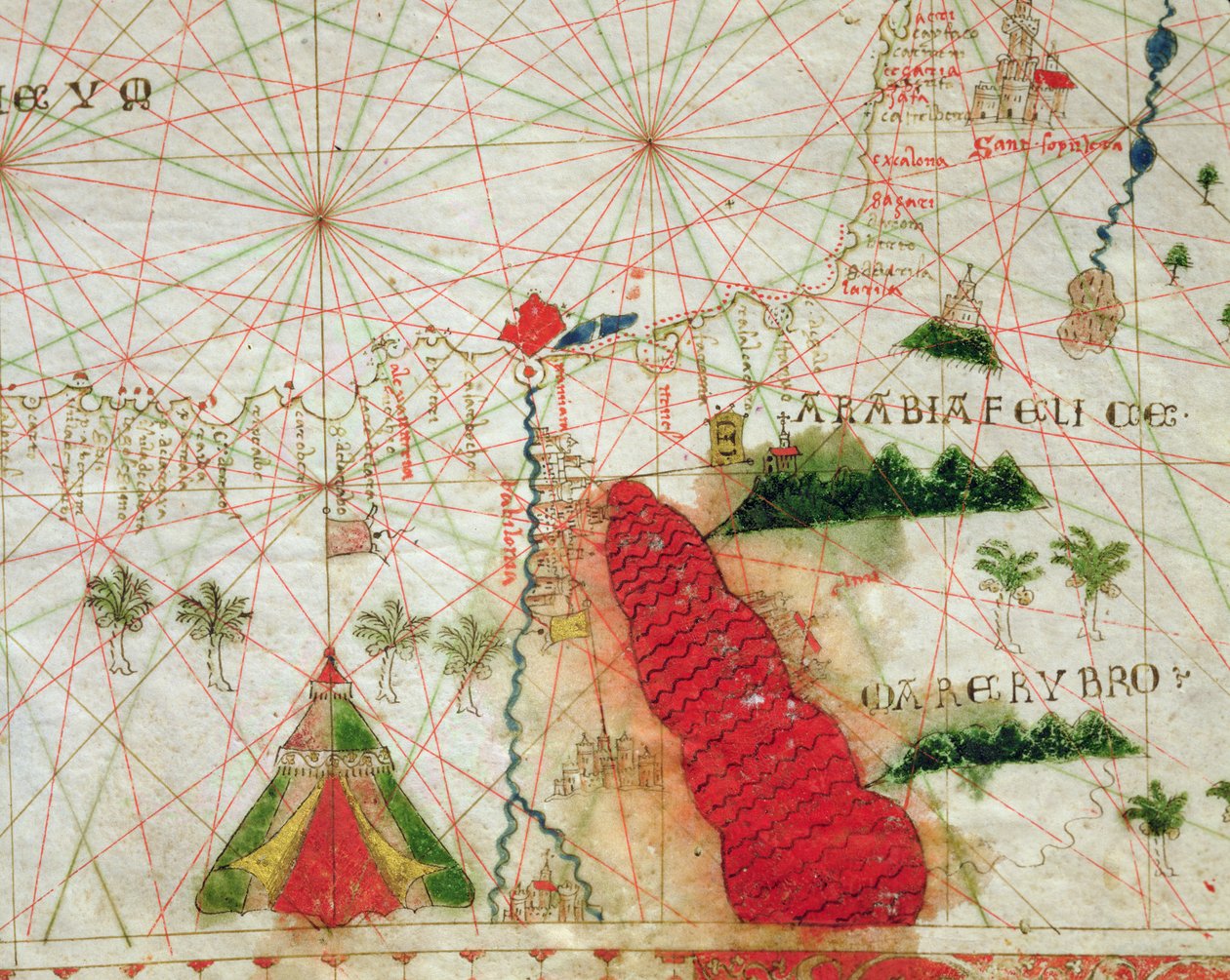 Morze Czerwone, z atlasu morskiego, 1520 (atrament na welinie) (szczegół z 330913) autorstwa Giovanni Xenodocus da Corfu
