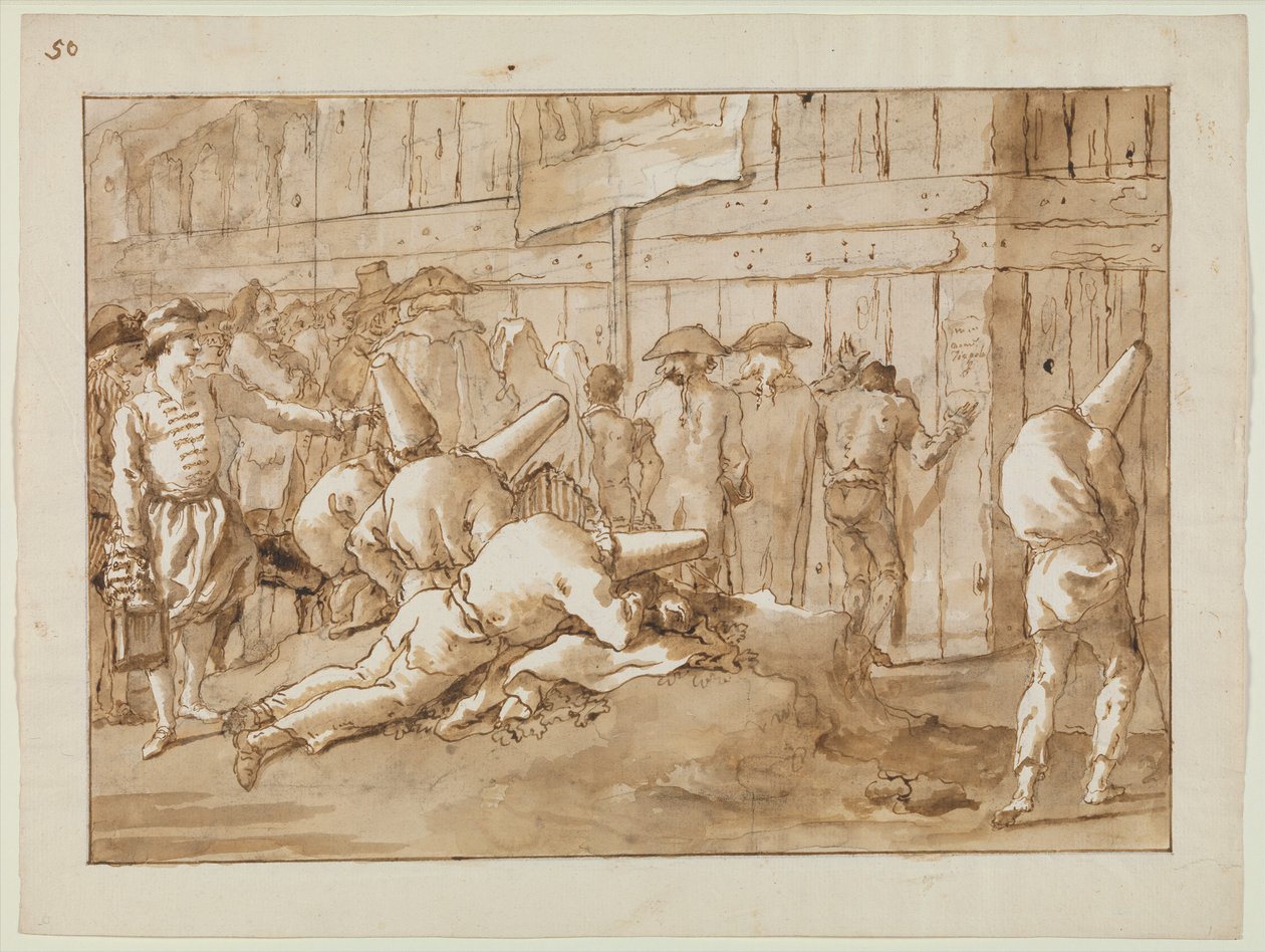 Punchinellos przed cyrkiem, ok. 1800 autorstwa Giovanni Battista Tiepolo