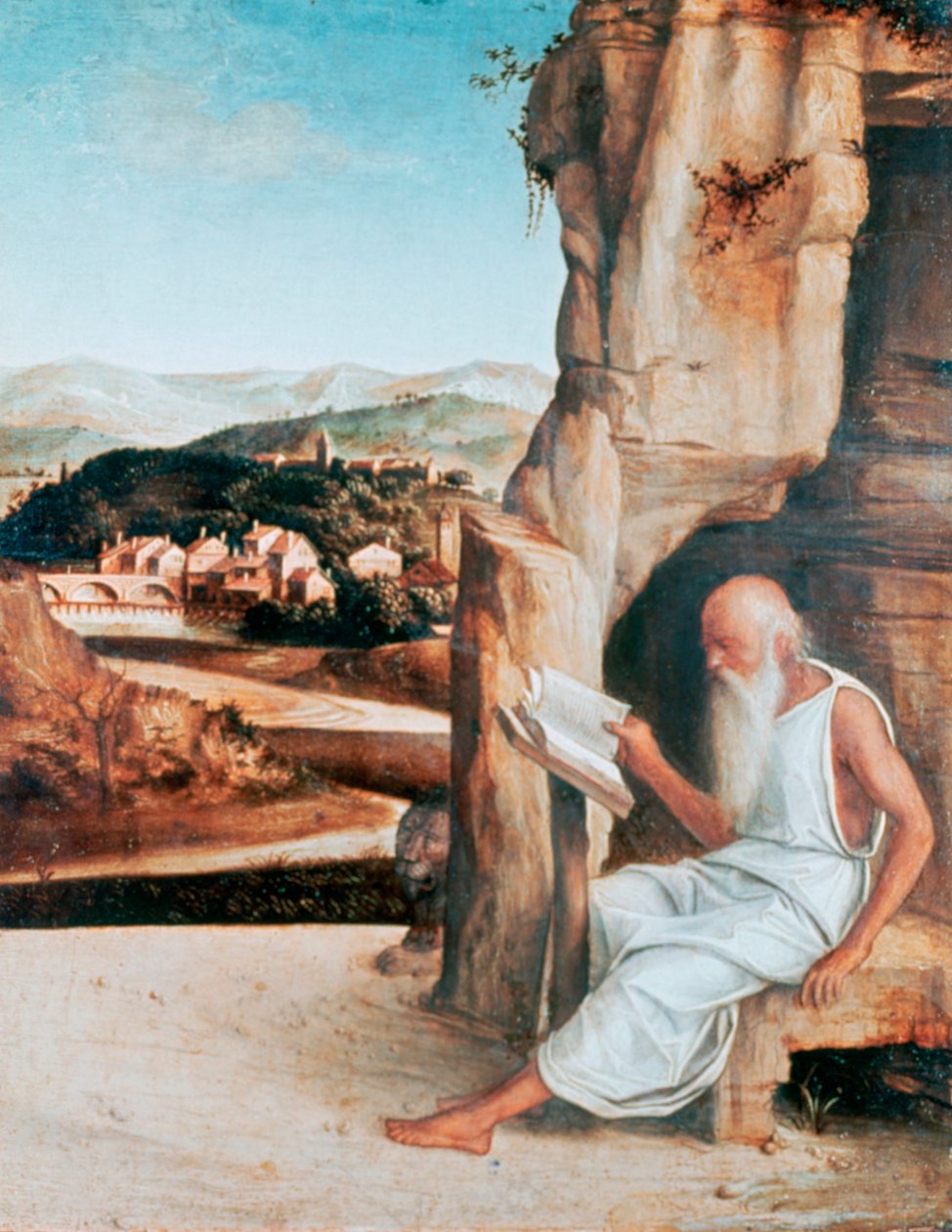 Św. Hieronim czytanie w krajobrazie, c1450-1516 autorstwa Giovanni Bellini