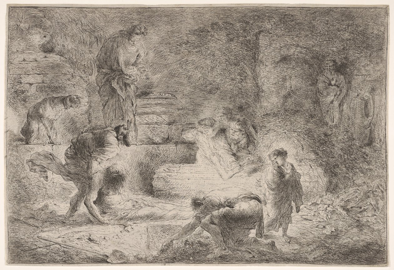 Tobit grzebie zmarłych, ok. godz. 1647-51. autorstwa Giovanni Benedetto Castiglione