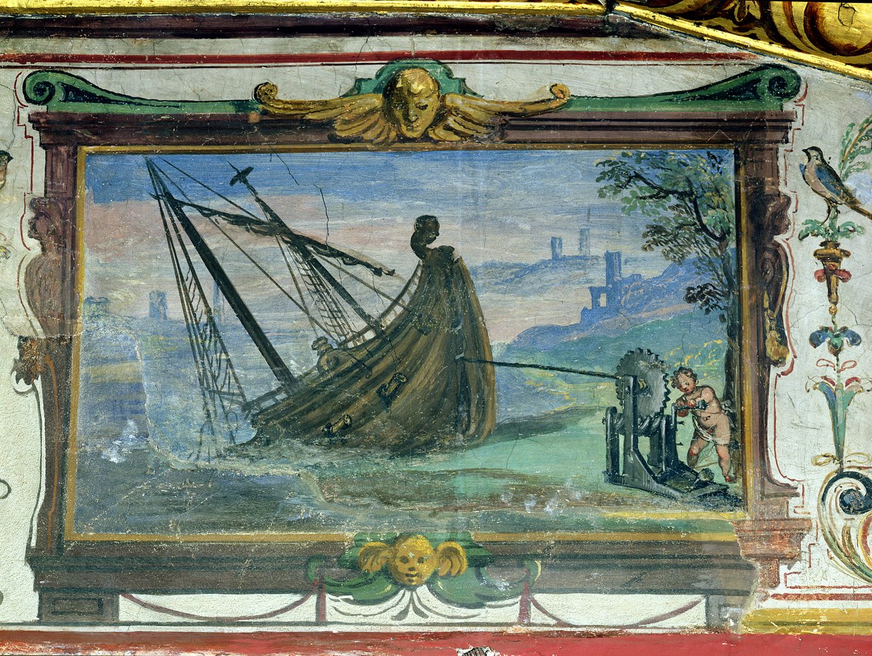 Niekończąca się śruba, która pozwoliła Archimedesowi (ok. 287-12 pne) przeciągnąć statek na brzeg, Stanza della Mattematica, 1587-1609 autorstwa Giulio Parigi