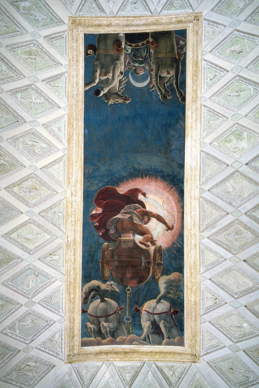 Apollo powożący rydwanem słońca, dekoracja sufitu w Camera del Sole, 1527 r. autorstwa Giulio Romano