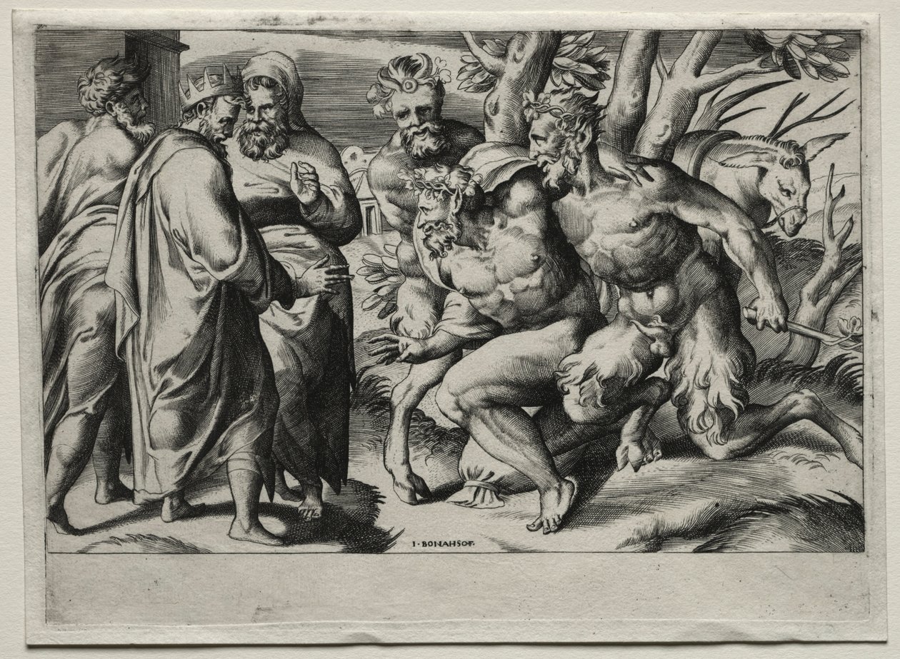 Silenus i król Midas, połowa XVI wieku. autorstwa Giulio Bonasone
