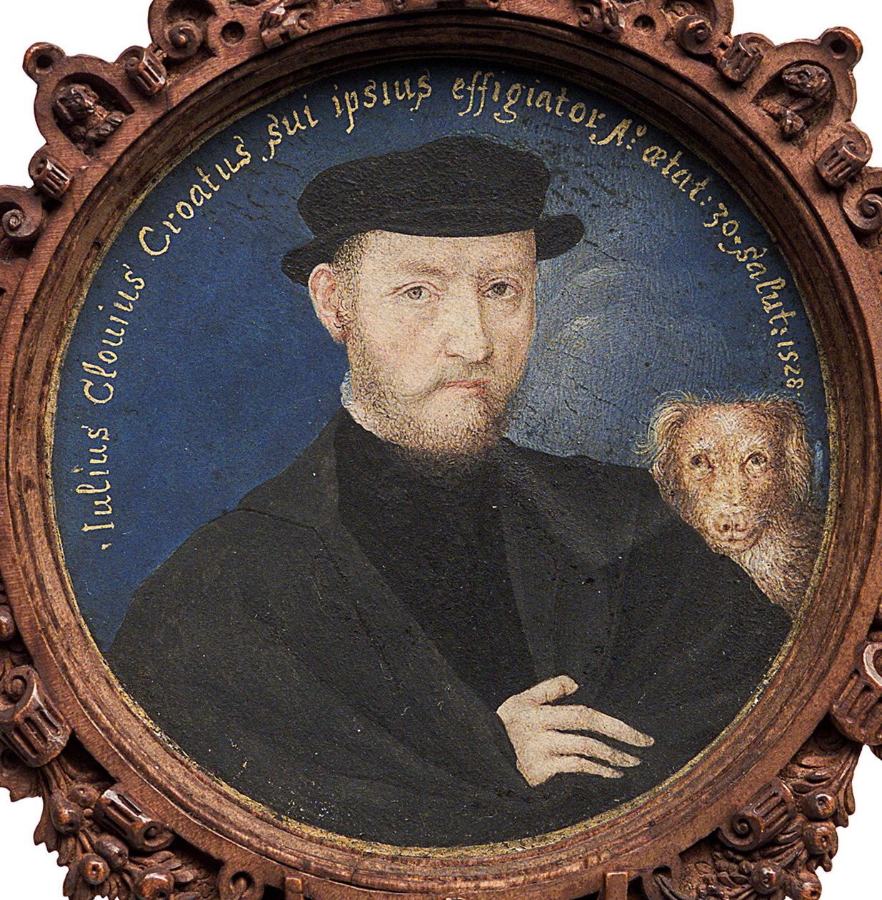 Autoportret z psem, 1528 autorstwa Giulio Clovio